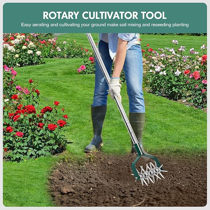 Garden Cultivator Adjustable Stainless Steel Handle, fine Rotary Cultivator Tiller for Small Scale Gardens Soil Loosening, Lawn Aeration, Fertilizer Mixing & Planting Preparation
