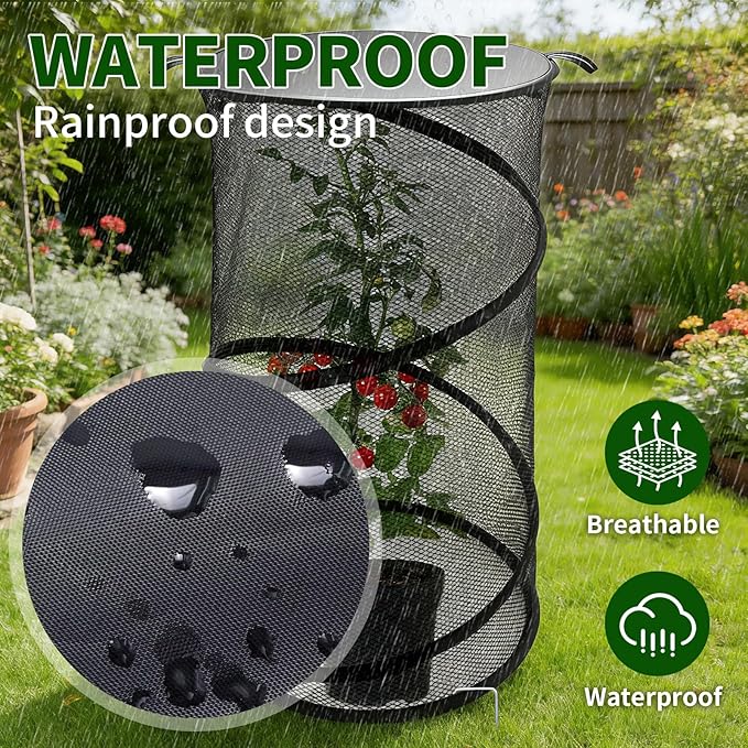 MDEOOSKY 4 Pack Pop Up Plant Covers Tent with Lid, 23.6"x11.8" Round Insect & Bird Barrier Mesh, Garden Protector Cage with 16 Ground Stakes, Foldable for Outdoor & Indoor Plants, Black