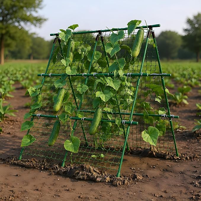 Garden Trellis for Climbing Plants, 4x4 ft Metal A-Frame with Support Netting, Outdoor Vegetable Trellis for Tomatoes Cucumbers Peas Beans Grape Vines, Fits Raised Beds, Green