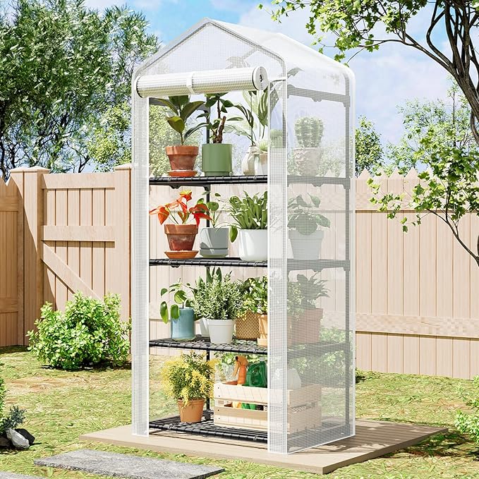 SUPERLELE 4 Tier Mini Greenhouse for Indoor Outdoor, 19.3x27.2x62in Portable Plant Greenhouse with Adjustable Shelves, Reinforced PE Mesh Cover, Heavy Duty Steel Frame, Waterproof for Balcony Patio