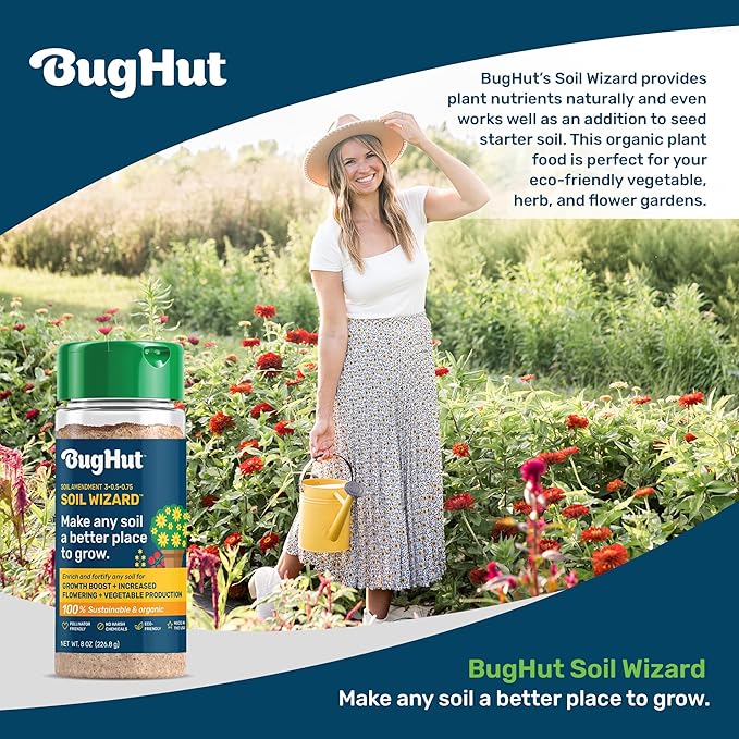 BugHut Soil Wizard Organic Soil Amendment – All Purpose Plant Food for Houseplants, Vegetables, Flowers, and Herbs - Chemical-Free Nutrient Source for Indoor & Outdoor Gardens - 8 oz. Shaker
