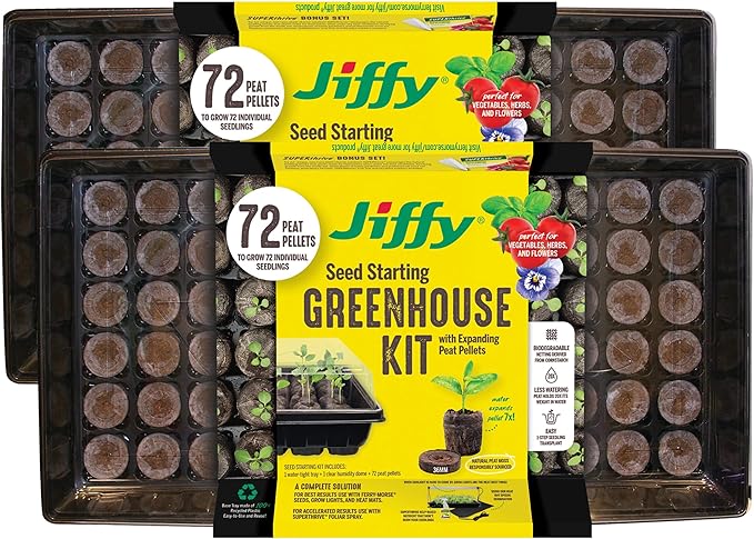 Jiffy Plant Germination Tray Kit - 72 Cell Seedling Starter Trays, SUPERthrive, Labels - 2 Pack, 144 Pellets Total - Plastic