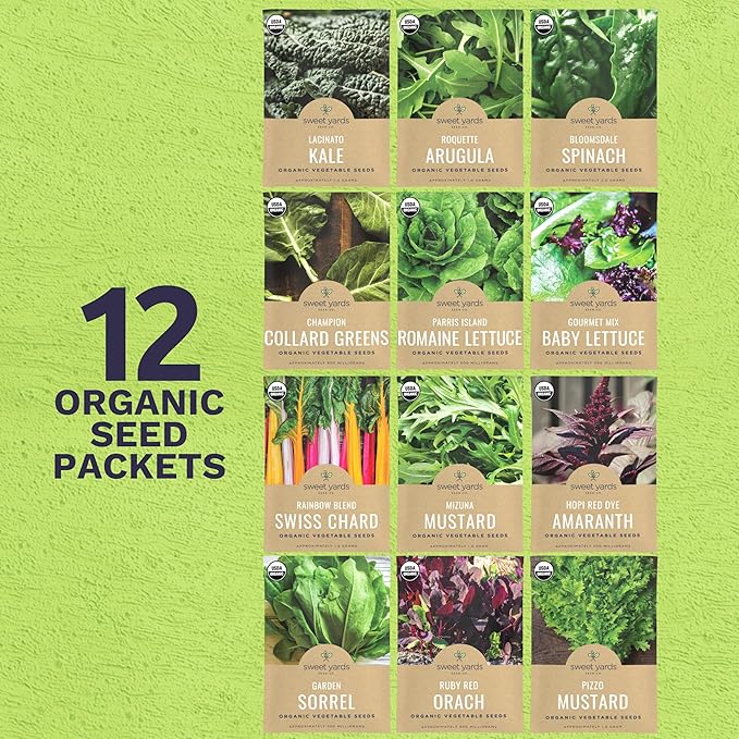 Organic Healthy Greens Seeds Variety Pack - 12 Individual Packs - 2026 Season - Arugula, Kale, Swiss Chard, Spinach, Mustard & More! for Indoor & Outdoor Planting (Non-GMO, Certified Organic)
