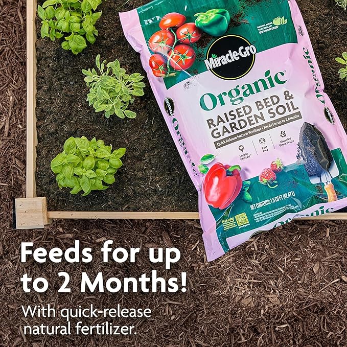 Miracle-Gro Organic Raised Bed and Garden Soil with Quick Release Natural Fertilizer, Peat Free, Feeds Plants Up to 2 Months, OMRI Listed, 1 cu. ft.
