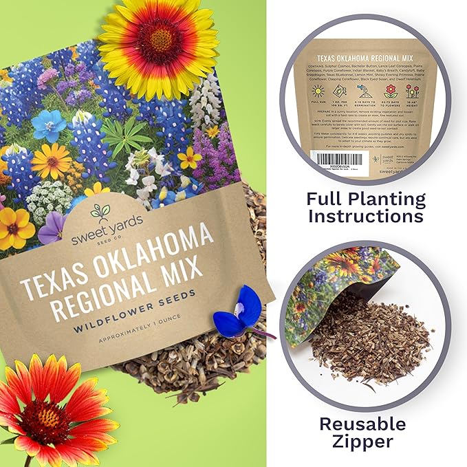 Texas Oklahoma Wildflower Seeds Mixture - Bulk 1 Ounce Packet - Over 15,000 Native Seeds - Open Pollinated and Non GMO