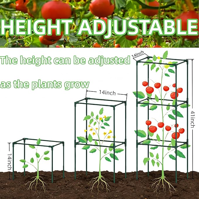 3 Pack Square Tomato Cages for Garden, 41 Inch Tall Heavy Duty Metal Tomato Plant Support Trellis, Adjustable Large Tomato Stakes for Outdoor Pots Climbing Plants, Vegetables, Cucumber