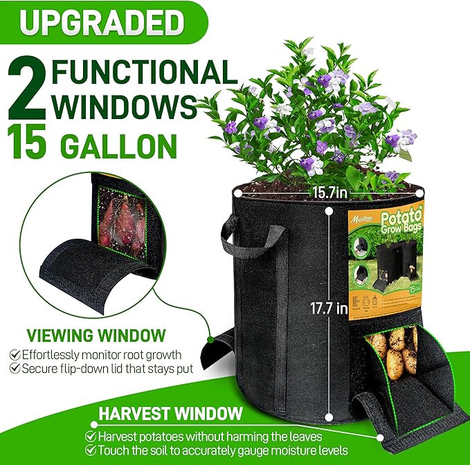 8 Pcs 15 Gallon Potato Grow Bags with Harvest & Visible Windows, Thickened Nonwoven Fabric Potato Planter,Potato Growing Containers with Sturdy Handles, Potato Bags for Growing Potatoes Vegetables