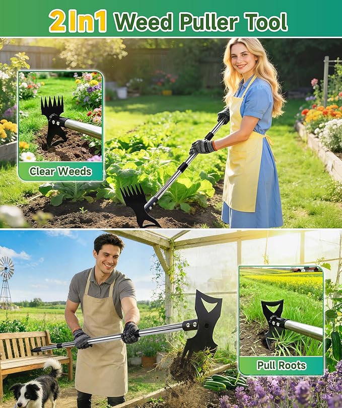 71in Weed Puller Tool with Long Handle, 2 in 1 Adjustable Manual Weeders for Uprooting, Heavy Duty Hand Weed Rake and Garden Hoe with Gloves for Gardens, Lawns, Yards