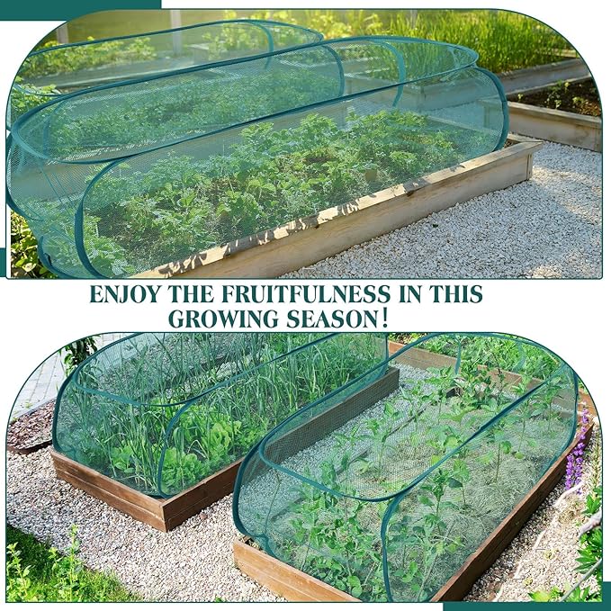 4 Pcs 39" x 18" x 16" Pop up Garden Mesh Plant Cover Outdoor Plant Protector Garden Row Raised Bed Cover with Ground Nails Crop Cage Net for Seedlings Vegetable Fruit Herbs (Dark Green)