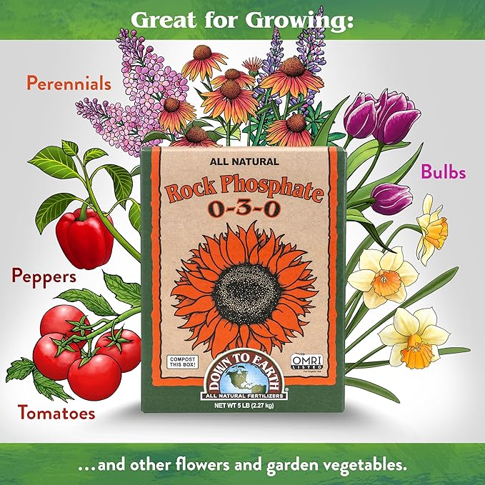 Down To Earth All Natural Fertilizers Organic Rock Phosphate - Calcium Phosphate Plant Food for Flower Beds and Vegetable Gardens 0-3-0, 5 lb
