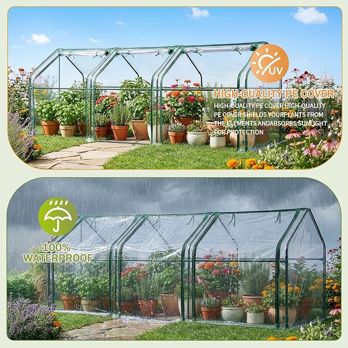 Outvita Mini Greenhouse, Outdoor 9'x3'x3' UV Protected 2-Layer PVC Cover Plant Hot House for Flowers, Seed and Vegetables Protection with Roll-up Zippered Doors for Patio Balcony Backyard