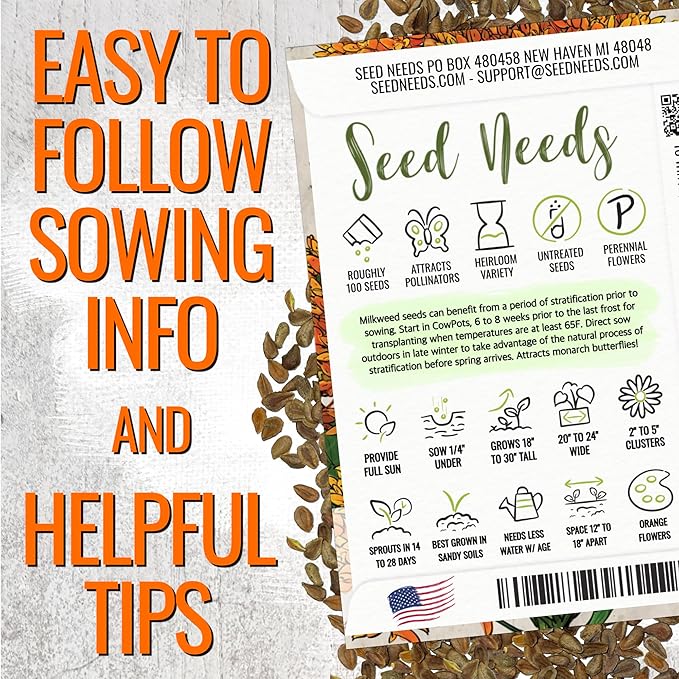 Seed Needs Orange Milkweed Seeds for Planting Butterfly Weed - Heirloom & Untreated Perennial Flower Seed to Grow a Monarch Butterfly Garden (10 Packs)
