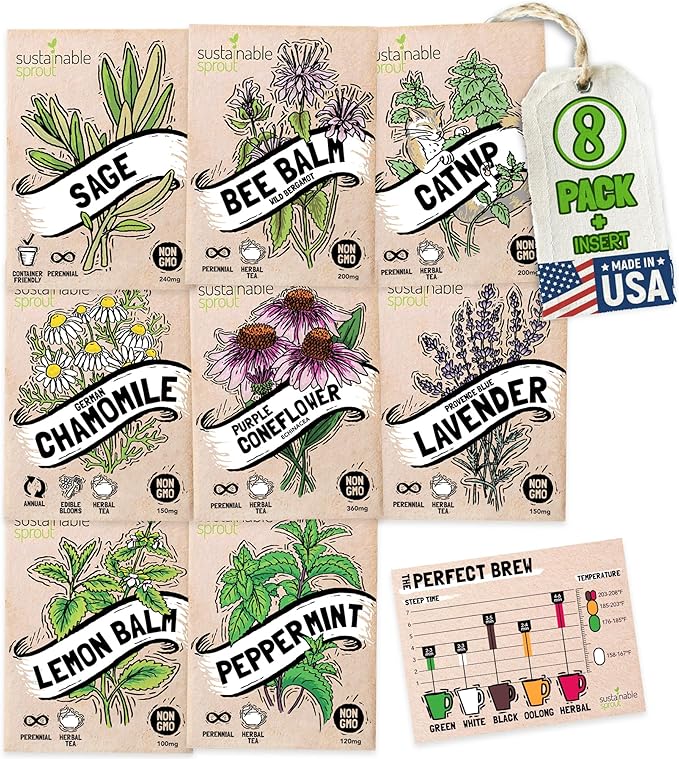 Sustainable Sprout Medicinal Tea Seeds, 8 Variety Pack Herbal Tea Heirloom Seeds, Catnip, Lavender, Peppermint, Lemon Balm, Bee Balm, Echinacea, Sage & Chamomile for Planting, Homesteading Essentials