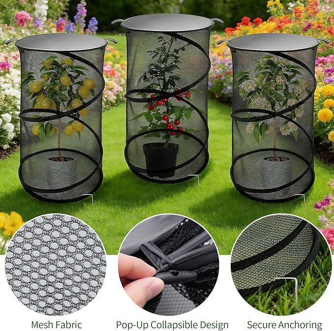 MDEOOSKY 4 Pack Pop Up Plant Covers Tent with Lid, 23.6"x11.8" Round Insect & Bird Barrier Mesh, Garden Protector Cage with 16 Ground Stakes, Foldable for Outdoor & Indoor Plants, Black