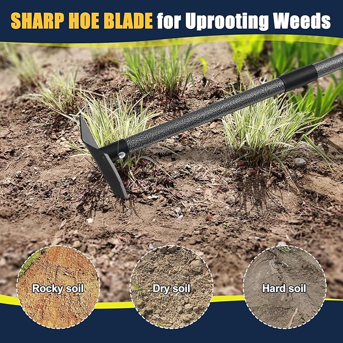 Garden Hoe 71 Inch Long Handle, Heavy Duty Trenching Hoe with Sharp Edge Blade, Triangle Weeding Hoe for Weeds Removal, Cultivating, Digging, Loosen Soil, Landscaping