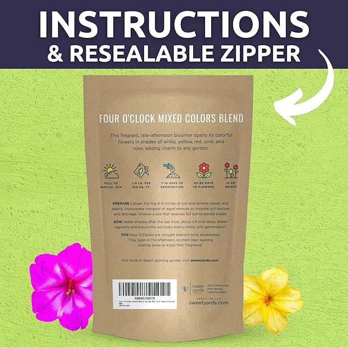 Four O'Clock Mixed Colors Blend - Bulk 1/4 Pound Pouch - 1,250 Flower Seeds for Planting - Mirabilis Jalapa
