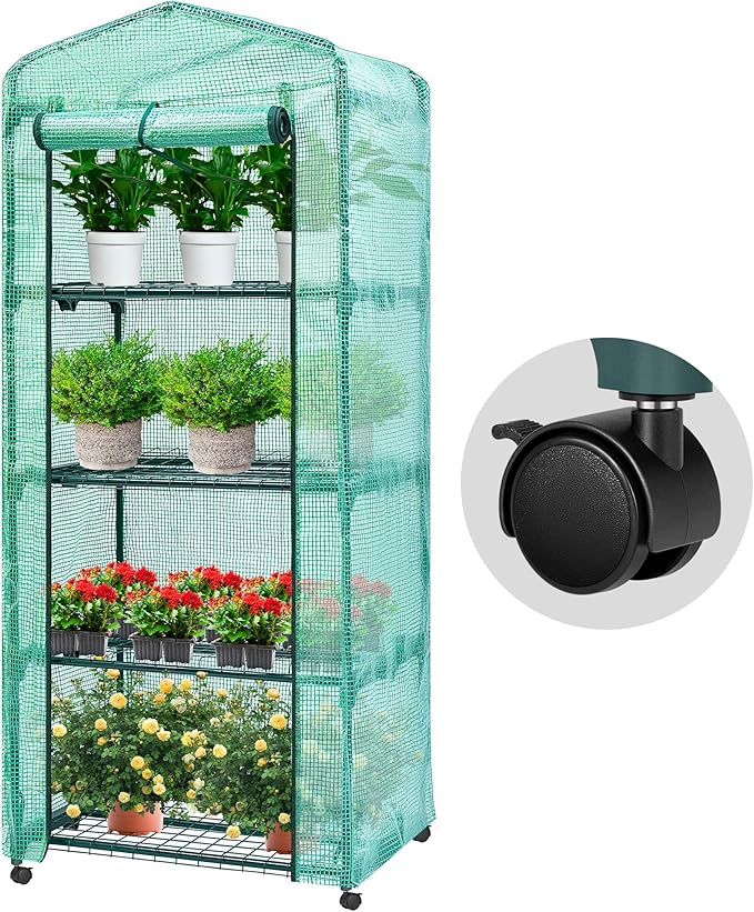 VIVOSUN Mini 4-Tier Greenhouse with Wheels, 27 x 19 x 63-Inch Reusable Portable Warm House with Green PE Cover and Shelf for Compact Garden and Small Backyards, with Wheels