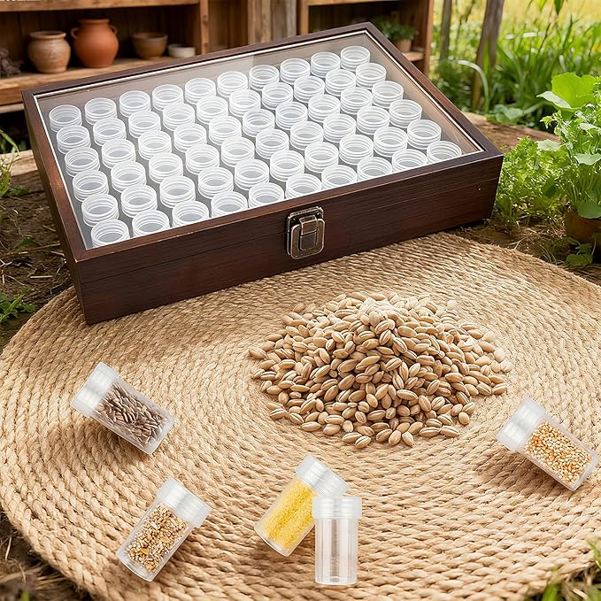 60 Slots Seed Storage Organizer with 96pcs Labels, Wooden Seed Saving Box with Lid and Metal Safety Lock, Garden Seed Organizer for Flowers Plants Vegetables, Brown