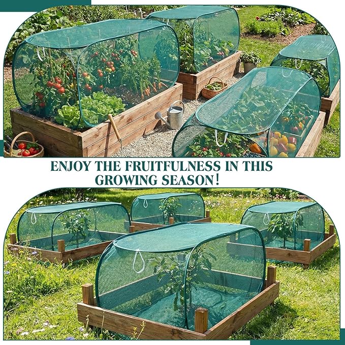 4 Pcs 45'' x 20'' x 18'' Pop up Garden Mesh Plant Cover Outdoor Plant Protector Garden Row Raised Bed Cover with Ground Nails Crop Cage Net for Seedlings Vegetable Fruit Herbs (Dark Green)