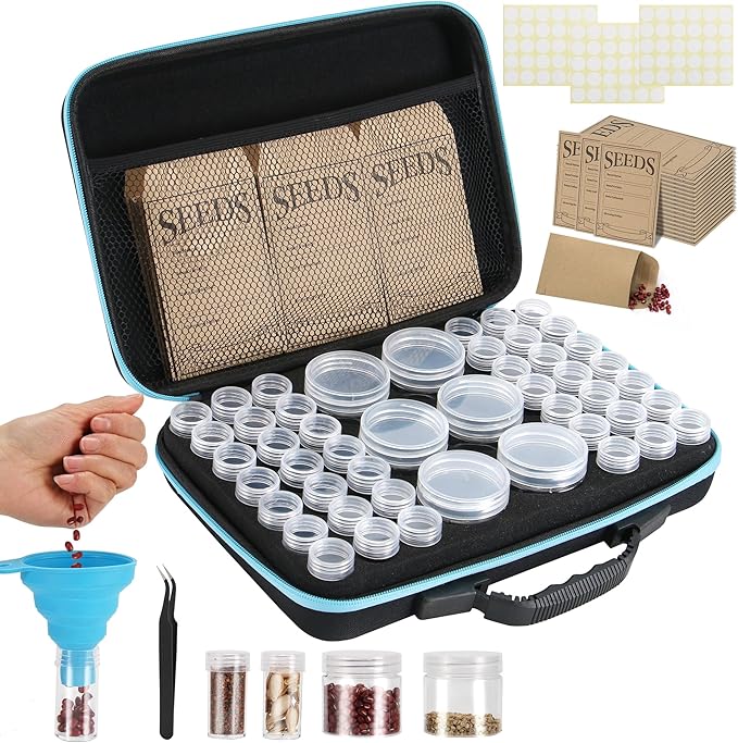 hasumcol 48 Slots Seed Storage Organizer Box, Garden Vegetable Plant Flower Seeds Saving kit with Write Label Funnel Tweezer 2 Sizes Storage Bottles