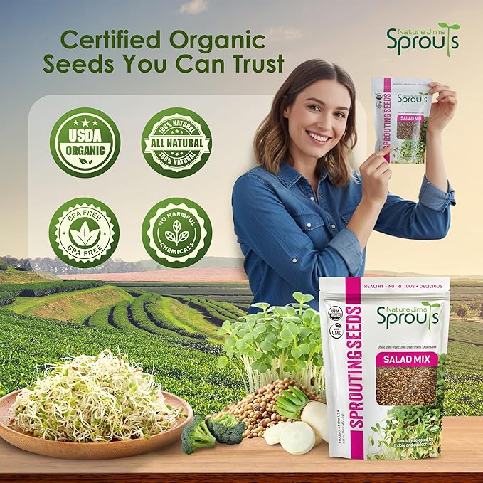 Nature Jims Sprouts Organic Salad Mix – Non-GMO Microgreen Seeds for Growing – Healthy Broccoli, Alfalfa, Radish & Clover Sprouting Variety Blend – Microgreens & Sprouts Seeds for Home Gardening – 1lb