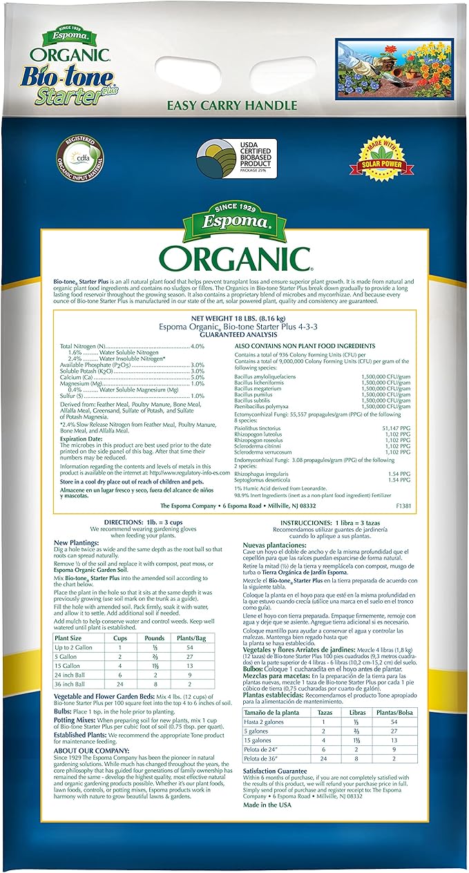 Espoma Organic Bio-Tone Starter Plus 4-3-3 Natural & Organic Starter Plant Food with Both Endo & Ecto Mycorrhizae; 18 lb. Bag; The Ultimate Starter Plant Food