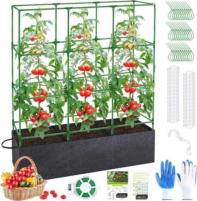 POILKMNI 66x17x49 Inch Garden Tomato Cages with 46 Gallon Grow Bags, Square Plant Support Trellis Assembled with Planter Bags, Garden Cucumber Vegetables Frames for Vertical Climbing Plants