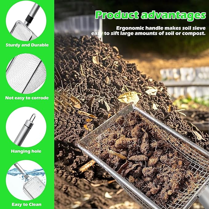 4Pcs Soil Sifter for Gardening, Mesh Stainless Steel Sieve Sifter with Handle(2/2.8/3.8/5mm), Portable Garden Sifter for Soil Rocks Sand Compost Dirt