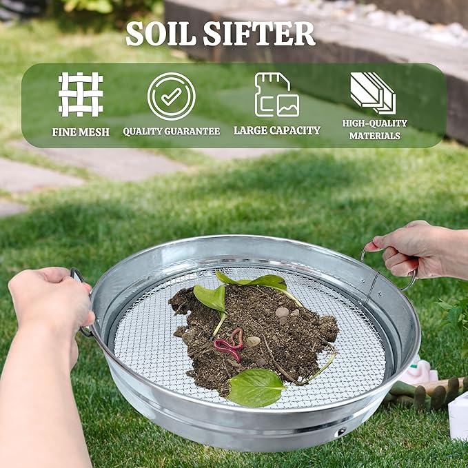 14.5“ Soil Sifter for Gardening with Handles, Large Rock Sifter with 4 Replaceable Screens,Compost Sifter Dirt Sifter, Captures Dirt Rocks Sawdust