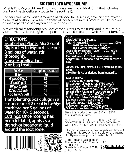 Big Foot Ecto Mycorrhizae Water Soluble Powder for Woody Plants - Shrubs, Arborvitae, Oak, Conifers, Christmas Trees - 2 Ounces