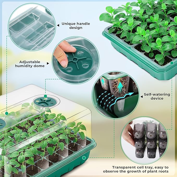 Self-Watering Seed Starter Tray 2 Packs, 96 Cells Seed Starter Kit with Humidity Vented Domes and High Lid, Germination Kit for Indoor Greenhouse Seed Starter