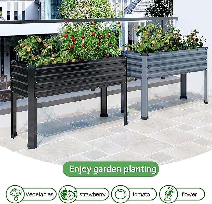 DIIYIV Galvanized Raised Garden Bed with Legs,48×18×30in Elevated Planter Box for Backyard,Garden, Patio, Balcony, 300lb Capacity,Planters for Outdoor Plants,Black