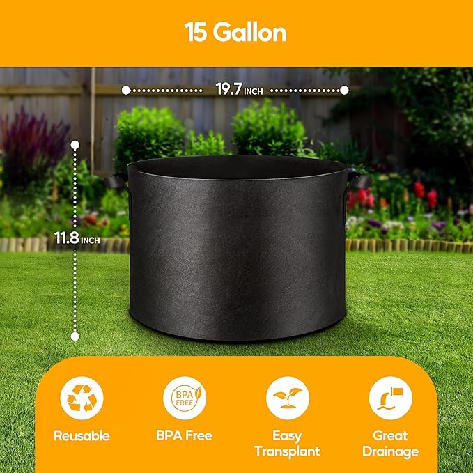 Simple Deluxe Grow Bags 15 Gallon 12 Pack Planter Pots with Handles, Thickened Nonwoven Fabric Aeration Cloth Bag, Heavy Duty Gardening for Tomoato, Potato, Vegetable and Flowers, Black with 12 labels