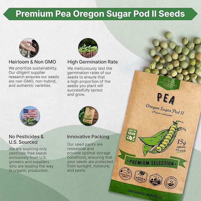 Organo Republic Pea Oregon Sugar Pod II Seeds Pack 15G - Over 75 Non-GMO Heirloom Pea Seeds for Planting Vegetables in Individual Seed Packet, Vegetable Seeds for Planting Home Garden Indoor & Outdoor