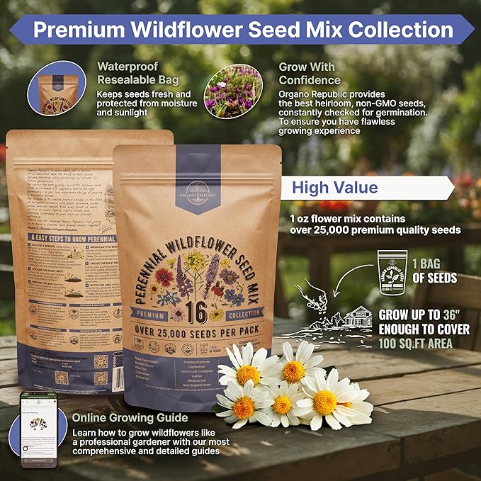 Organo Republic 16 Perennial Wildflower Seeds Mix for Indoor & Outdoors 25,000+ Non-GMO, Heirloom Wildflower Garden Seeds, 1oz Packet for Growing Wild Flowers to Attract Bees, Butterflies & Birds