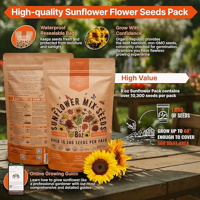 Sunflower Mix Seeds Pack 8 oz - Over 10,300 Non-GMO Heirloom Sunflower Seeds for Planting, Annual Flowers in Individual Seed Packet for Planting Home Garden Indoor & Outdoor Gardening (Pack of 2)