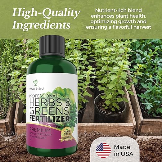 LEAVES AND SOUL Professional Liquid Herbs and Greens Fertilizer | 5-1-5 Concentrate, Liquid Plant Fertilizer for Garden, Healthy Produce, Good Harvest, Multi-Purpose Blend & Gardening Supplies | 8 oz