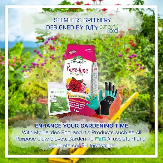 Espoma RT8 Organic Rose-Tone 4-3-2; 8 lb. Bag for All Types of Flowering Plants; with My Garden Pool PH Soil Test Strips 20 ct, and Gardening Claw Gloves and Garden-IQ, Smart Gardening AI Assistant!