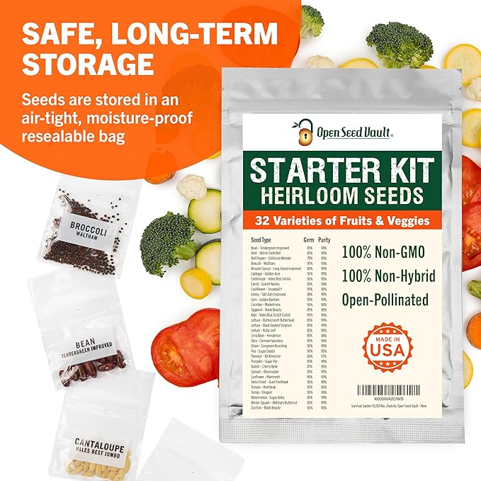 Open Seed Vault 15,000 Non GMO Heirloom Vegetable Seeds for Planting Vegetables and Fruits - 32 Variety Pack of Vegetable Seeds for Gardening, Survival Gear, Seed Vault Emergency Supplies Kit
