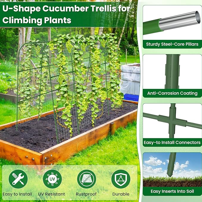 Cucumber Trellis for Raised Bed 64" L x 48" H, U-Shape Garden Trellis for Climbing Plants Outdoor, Metal Arch Trellis for Vegetables, Plant Support for Tomato Pea Zucchini Grape Flowers