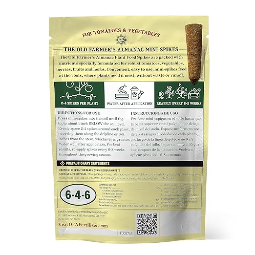 The Old Farmer's Almanac Tomato & Vegetable Plant Food Mini Spikes - NPK 6-4-6 for Continuous Feeding and Bountiful Harvests (12 Mini Plant Food Spikes)