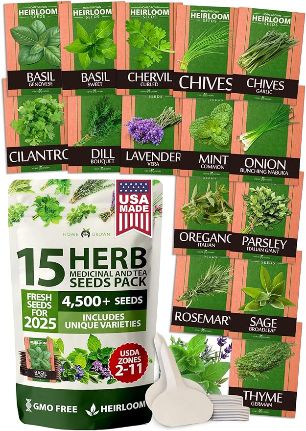 HOME GROWN 4-Pack Herb Seeds Bundle – 15 Culinary Herbs (4,500+), White Sage (646), Rosemary (300), Thai Basil (876) – Non-GMO, USA Heirloom Indoor Outdoor Garden Kit for Growing Fresh Herbs