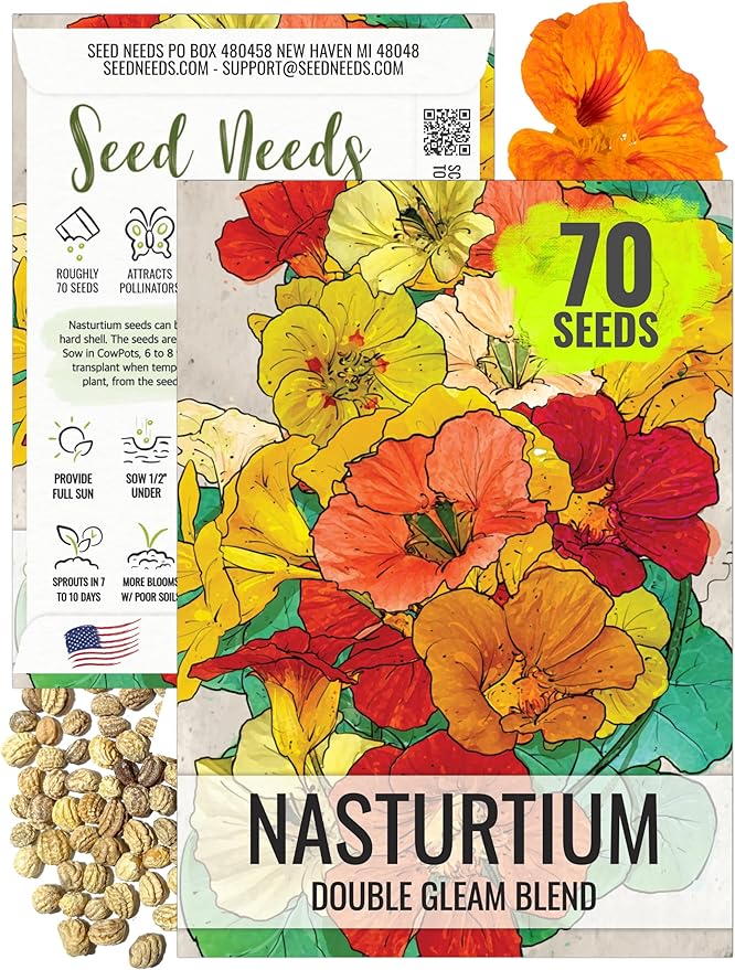Seed Needs Double Gleam Nasturtium Seeds - 70 Heirloom Seeds for Planting Tropaeolum majus - Edible Flowers to Add to Salads, Grow in a Butterfly Garden to Attract Poillinators (1 Pack)