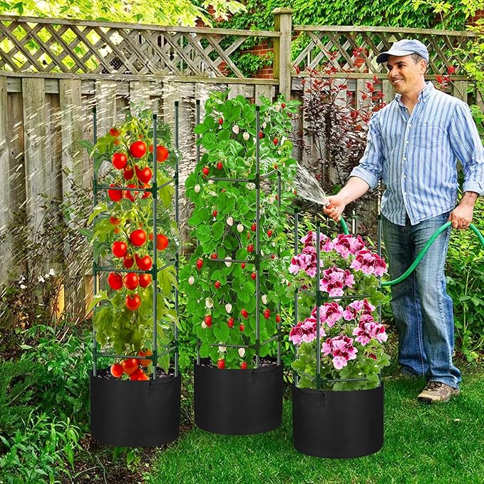 3 Pack Tomato Cages 55 x 12 Inch for Garden with 11 Gallon Round Grow Bags Planter Pots with Heavy Duty Triangle Trellis Plant Stakes Support Frames for Cucumber Vegetables Flowers