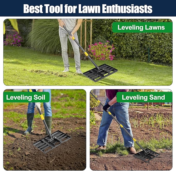 Professional Lawn Leveling Rake with 17x10in Heavy-Duty Stainless Steel Head & 72" Adjustable Handle - Grass Leveling Tool for Quick Soil Grading, Thatch Removal and Yard Maintenance
