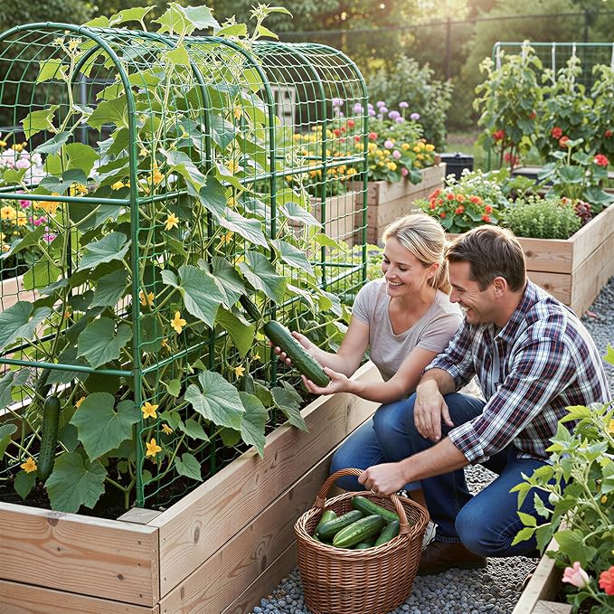 Housolution Cucumber Trellis for Raised Bed, 67"×48" U-Shape Garden Trellis for Climbing Plants Outdoors with 2×3m Net for Tomato Squash Zucchini Peas Beans Grape Fruit Flowers, Green
