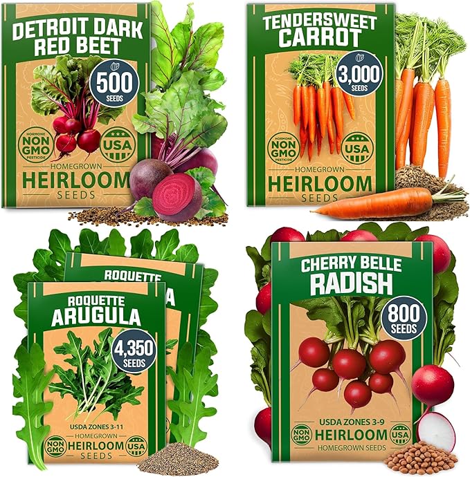 Root Vegetable Seed Variety Pack – Over 8,600 Non-GMO USA Heirloom Seeds: Arugula, Tendersweet Carrots, Detroit Dark Red Beets & Cherry Belle Radish – Fast Growing for Spring & Fall Gardens