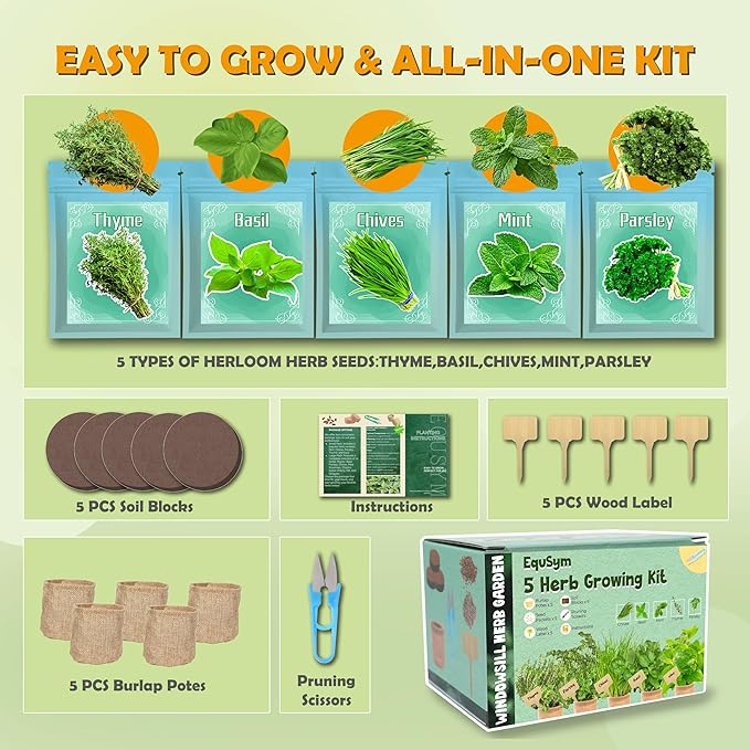 5 Herb Window Garden Kit Indoor - Herb Seeds for Indoor & Outdoor Planting, Gardening Gift for Kids, Moms, Women, Beginners - Complete Starter Kit with Pots, Soil, Basil, Mint, Thyme, Parsley