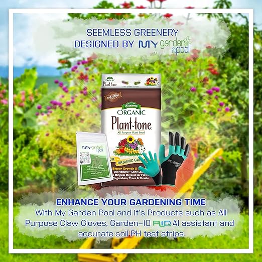 Espoma PT18 Organic Plant-Tone 5-3-3; 18 lb. Bag; with My Garden Pool PH Soil Test Strips 20 ct, and Superior Gardening Claw Gloves and Garden-IQ, Smart Gardening AI Assistant!