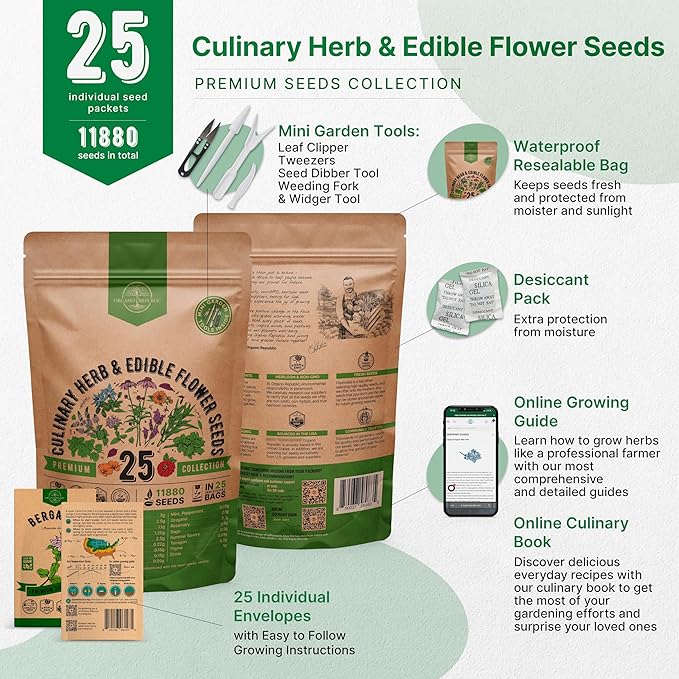 25 Culinary Herbs & Edible Flower Seed Variety Pack for Planting Indoor & Outdoors. 11900+ Non-GMO Heirloom Flower Seeds: Basil, Borage, Echinacea, Lavender, Oregano, Rosemary Seeds & More
